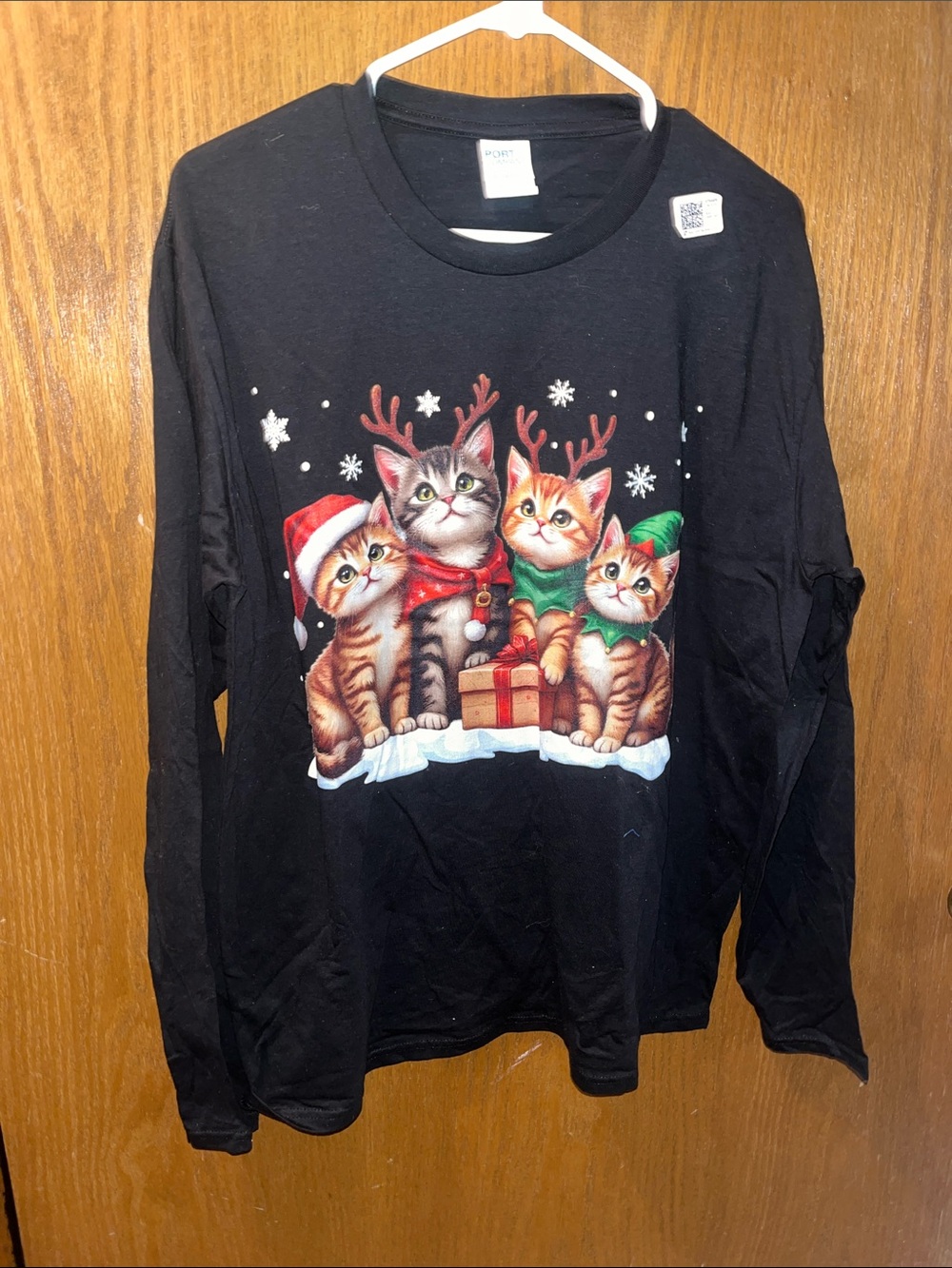 Port and Company Black Long-Sleeve Cats Holiday Graphic Tee
